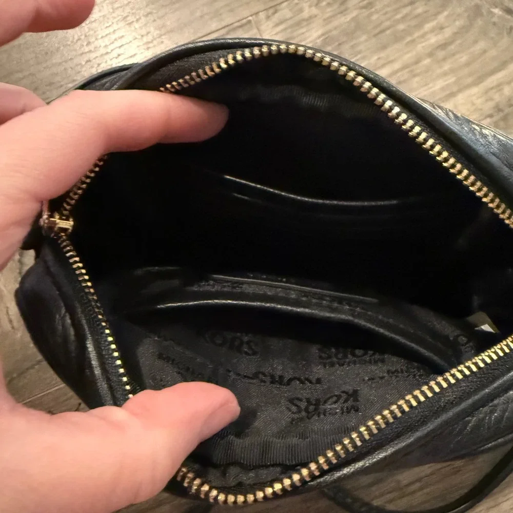 Michael Kors Black Pebbled Leather Crossbody‎ Camera Bag Gold Chain Strap